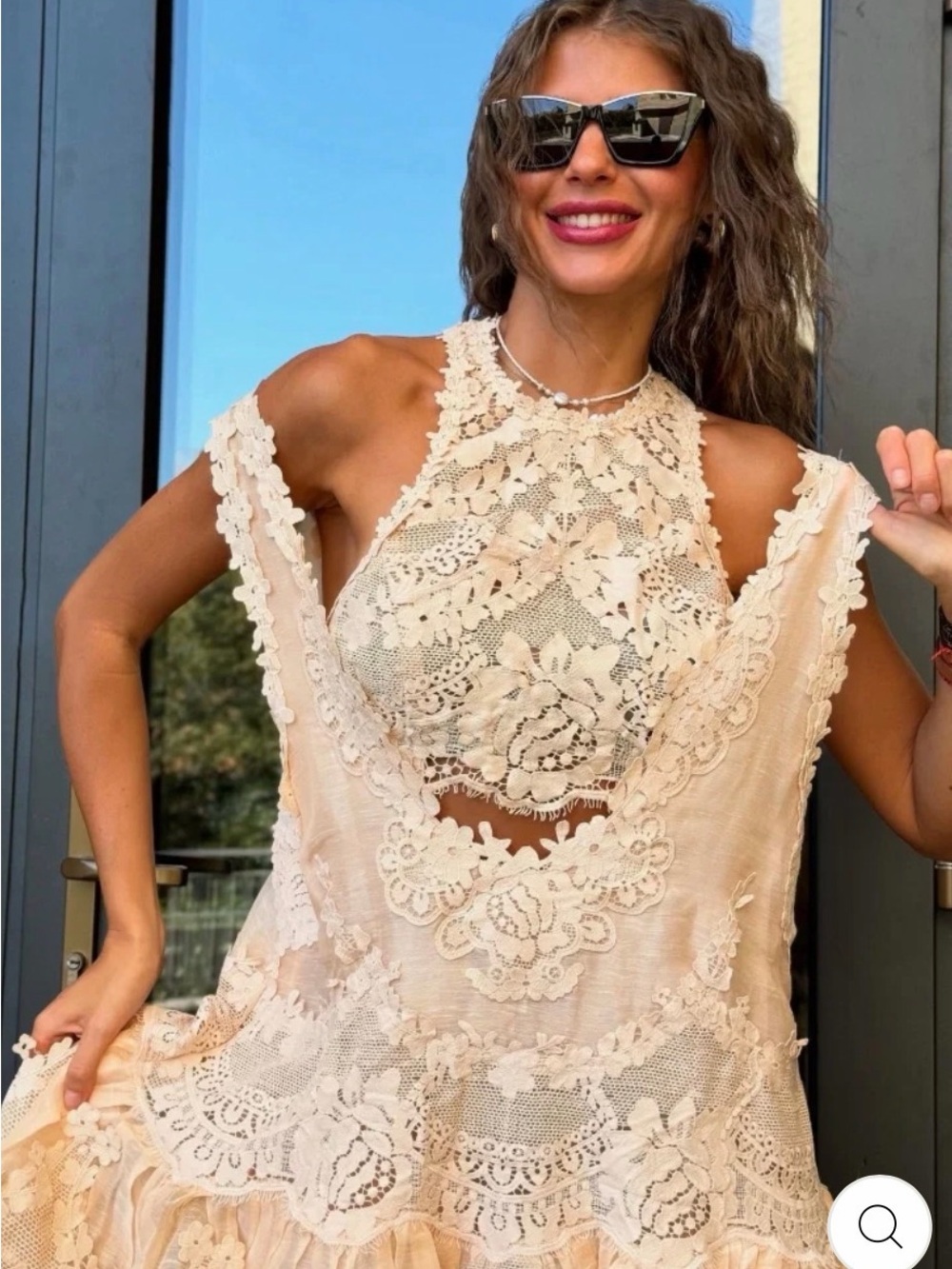 Peach Lace Halter Too  with Floral Crochet Overlay Set